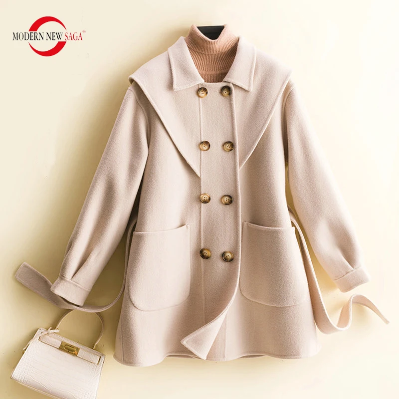 

MODERN NEW SAGA Women Coat 100% Merino Wool Autumn Fashion Woolen Coat Peacoat Winter Wool Coats Overcoat Fall Clothes For Women