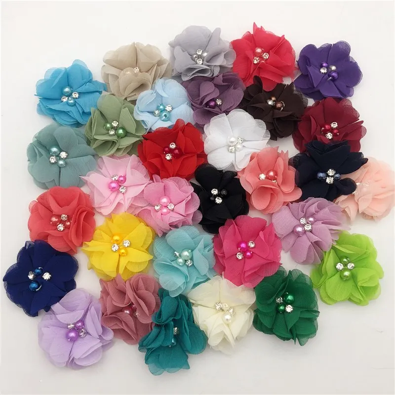 5pcs beaded and rhinestone Chiffonfabric artificial 3d rose handmade fabric flower for dress shoes clothes decorative 5.5cm