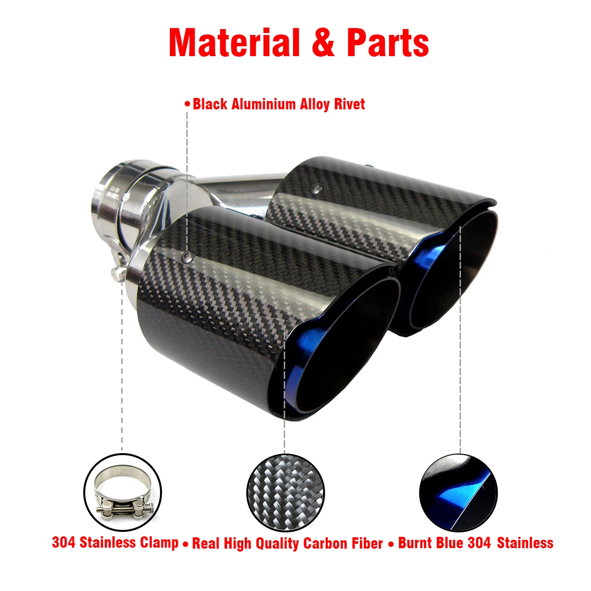 Dual Carbon Fiber + Stainless Steel Burnt Blue Universal Auto Car Exhaust Tip Double End Pipe for BMW BENZ VW Golf Audi