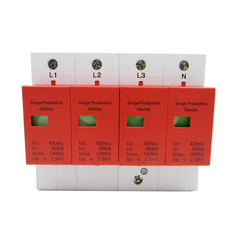 Primary power lightning arrester 100kA three-phase power lightning protection module 380V lightning arrester surge protector 4P