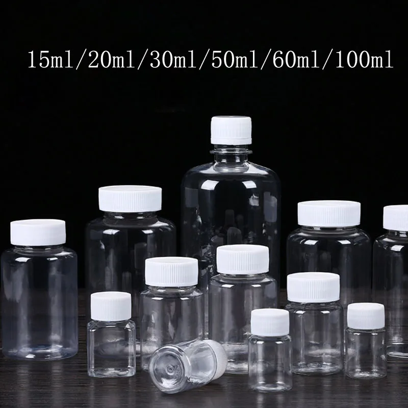 

30PCS 15ml/20ml/30ml/100ml Plastic PET Clear Empty Seal Bottles Solid Powder Medicine Pill Vial Container Reagent Packing Bottle