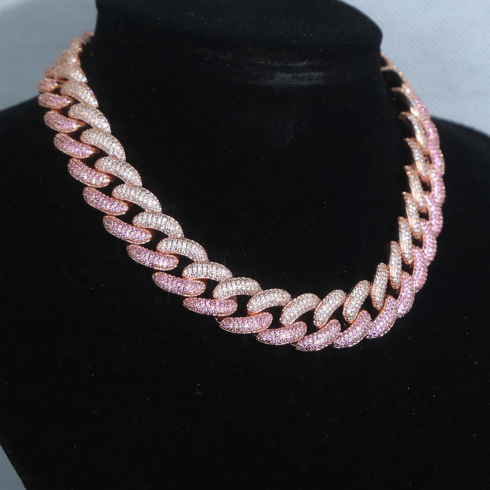 

New 32+10CM Chunky Choker White Pink Cubic Zirconia Rose Gold Color Pinky Micro Pave CZ Hip Hop Women 16mm Cuban Chain Necklace