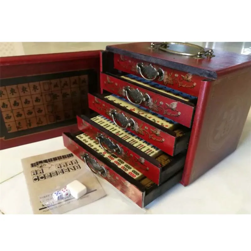 Portable Retro Mahjong 144 Tiles Mah-Jong Set In Leather drawer Box excellent