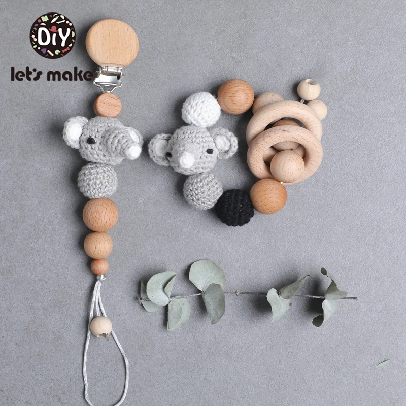 Let's Make 5pcs Cartoon Wood Rattle Beads Holder Wood Teether For Nipples Personalized Elephant Animal Teething Beads For Kids