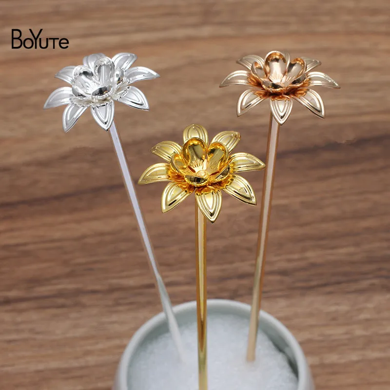 BoYuTe (5 Pieces/Lot) 27MM Metal Brass Flower Hair Stick Materials Diy Handmade Bridal Hair Accessories Wholesale