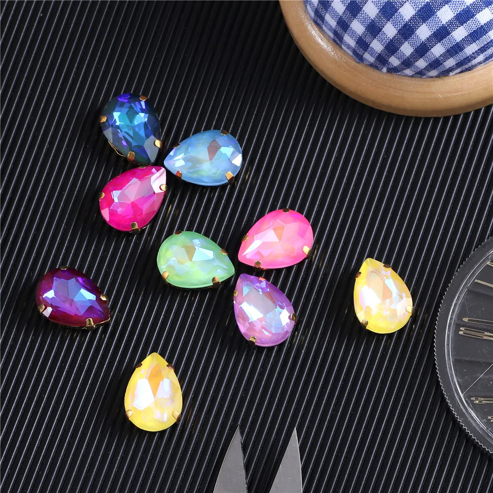 New Teardrop Glass Sew On Rhinestones With Gold Claw Glitter Crystals Stones For Sewing Clothes Shoes Diy 10x14mm 13x18mm