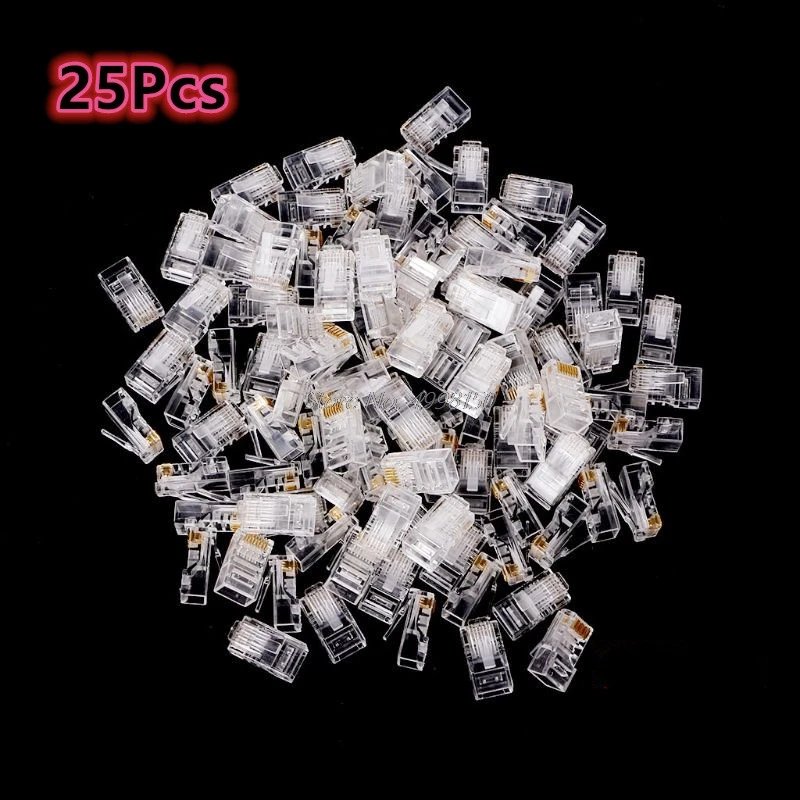 NEW 25PCS Gold plated RJ45 Net Network Modular Plug Cat5 CAT5e Connector 8P8C utp Unshielded Modular Rj45 Plug