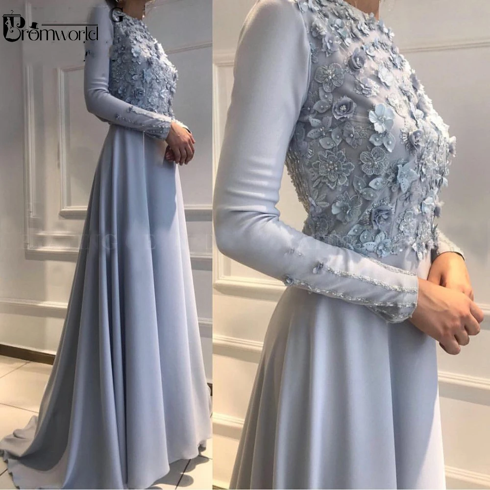 

Blue Muslim Long Sleeve Evening Dress Lace Flowers Robe De Soiree Dubai Saudi Arabic Evening Gown Formal Dresses 2024 Prom