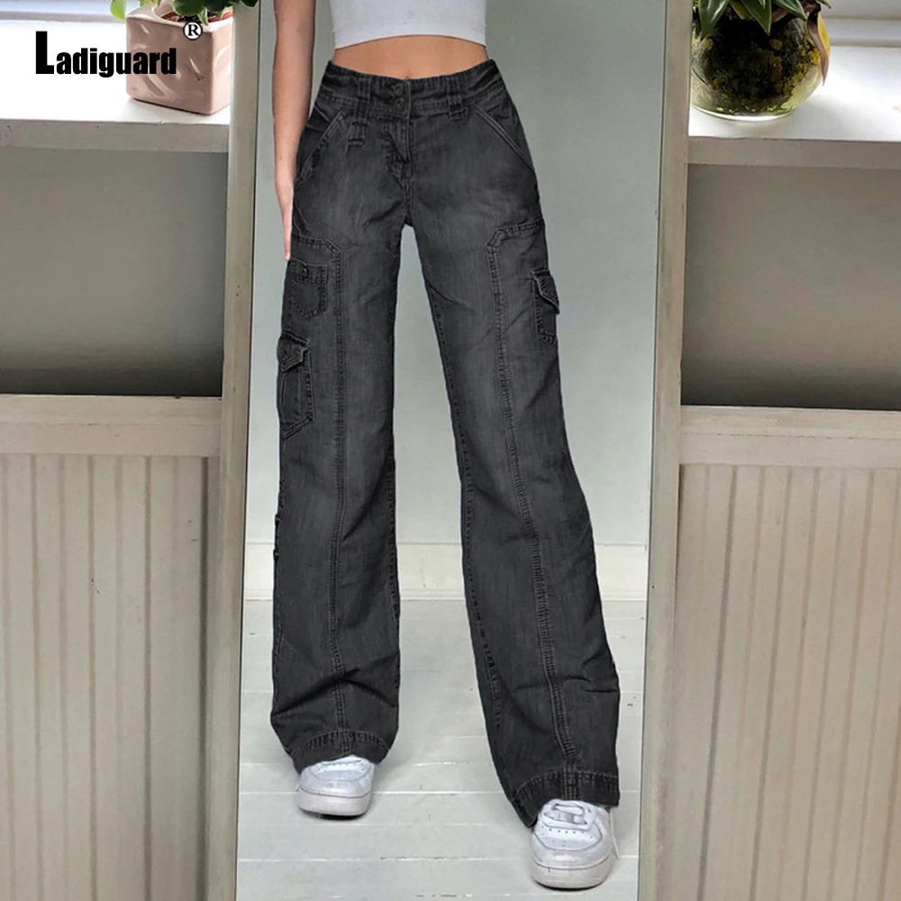 

Women Fashion Zipper Pocket Jeans Denim Pants Girls Staight Leg Trouser High Cut Vintage Loose Jean Pants Vaqueros Mujer 2021