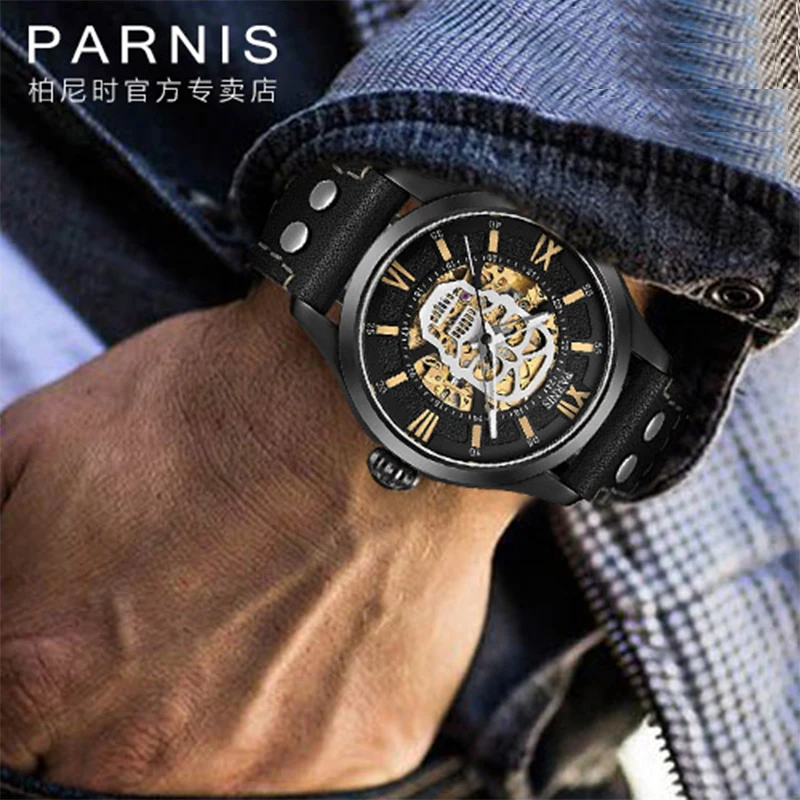 Parnis 43mm Black Skull Luminous Skeleton Automatic Mechanical Men Watch Leather Strap Sapphire Glass Watches With Box Gift 2024