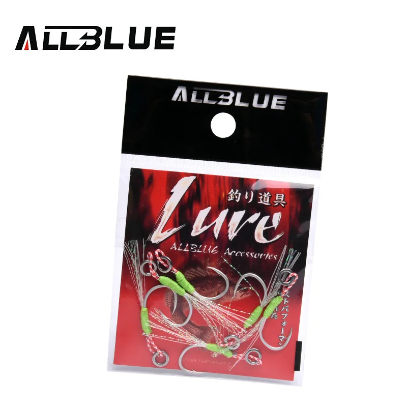 Allblue 6 Stks/partij Metalen Jig Lichtgevende Assist Haak Met Pe Lijn Veer Effen Ring Jigging Lepel Vishaak Voor 10-80G Vissen Lokken