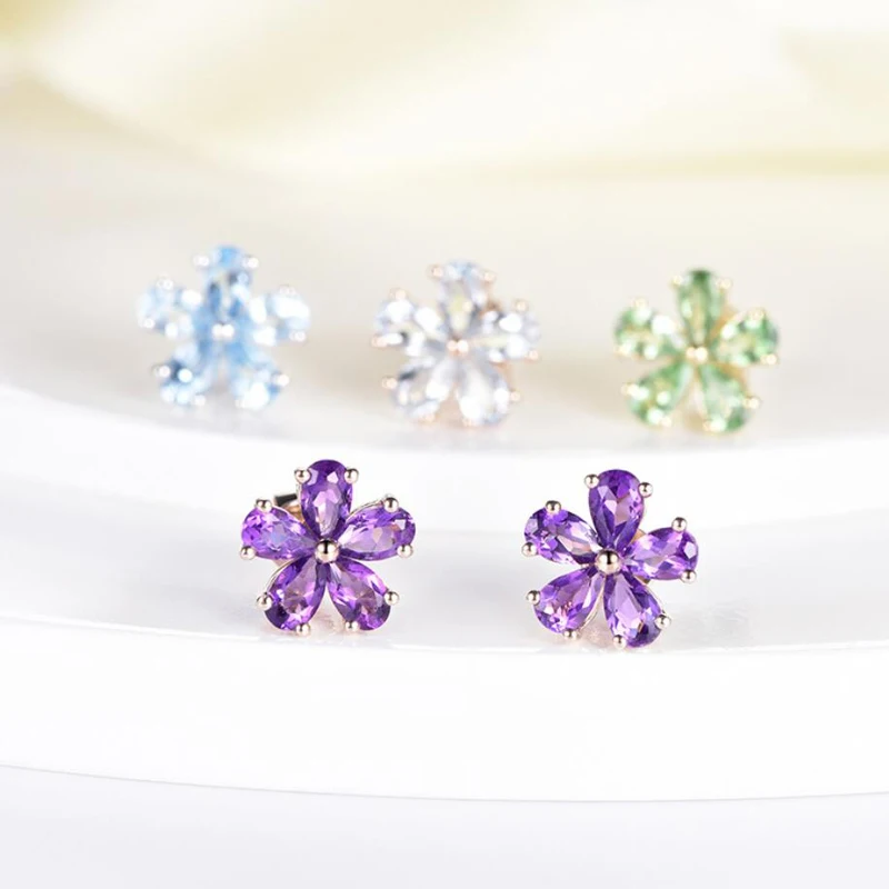 925 Sterling Silver Stud Earrings Women Multicolor Zircon Flower Rose Gold Earring Girl Jewelry Gift Party Accessories KOFSAC