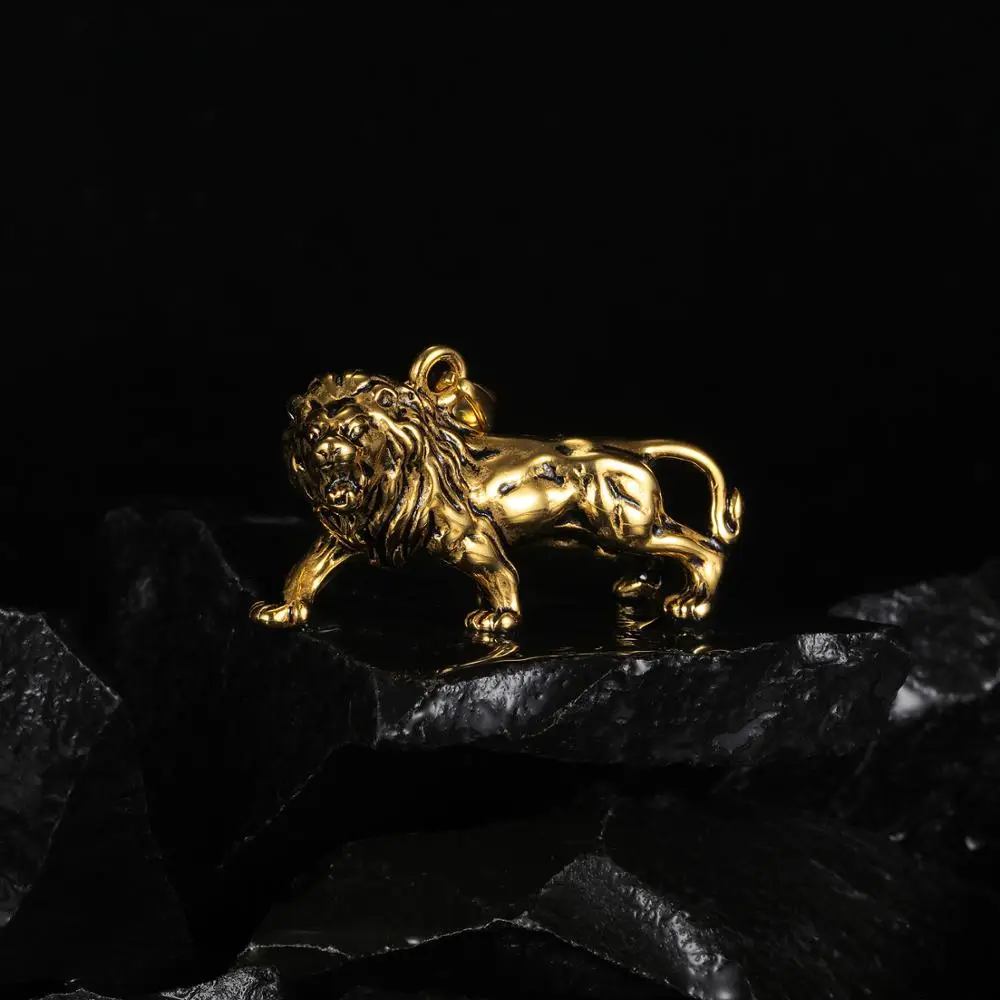 Hip Hop Stainless Steel Gold Color Men‘s Necklace King Lion Pendant Chain Animal Jewelry Male Gift