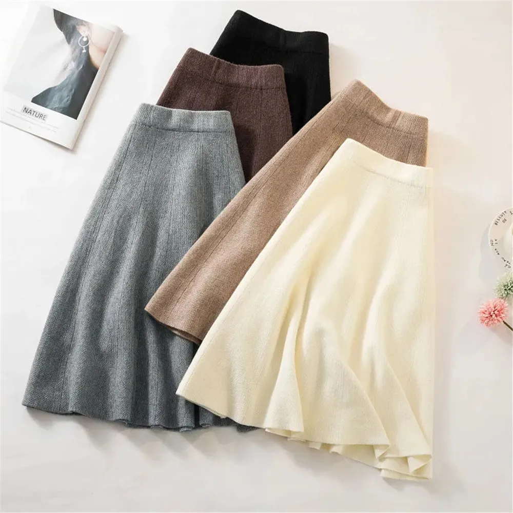 Autumn Knitted Pleated Skirt Women\'S Midi Elastic High Waist A-Line Sweater Skirt Female 2022 Winter Black Wool Long Mom Skirt