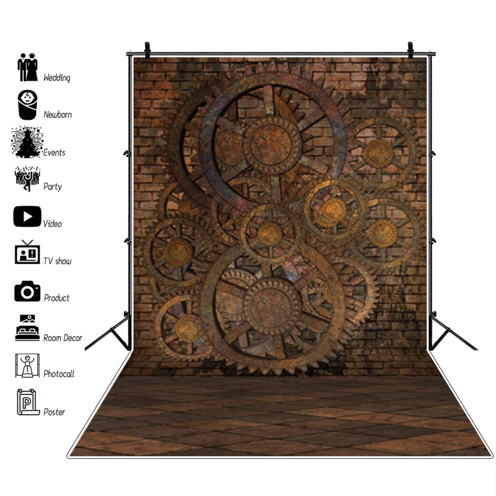 Old Brick Wall Wooden Floor Steampunk House Rusty Gears Photography Backdrops Backgrounds Vintage Grunge Portrait Photophone