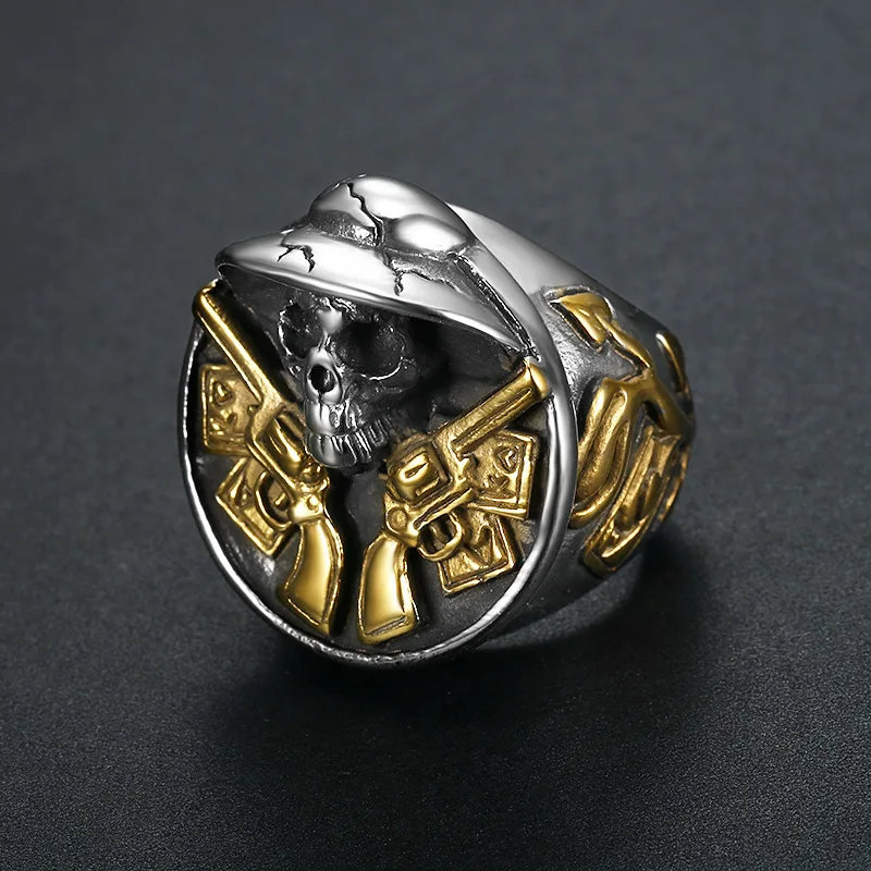 

Domineering Cowboy Double Gun Skull Ring Two Tone Motorcycle Party Finger Ring Biker Jewelry for Men Cool Party Ring Jewelry