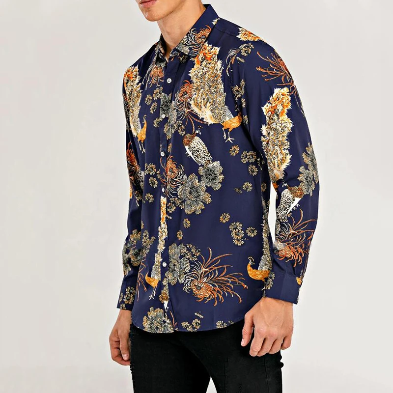 Camisa Masculina Manga Longa, Estampa Retrô, Personalidade, Casual, Negócios, Praia, Havaiana, Festa, Boate, Luxo, Nova Moda