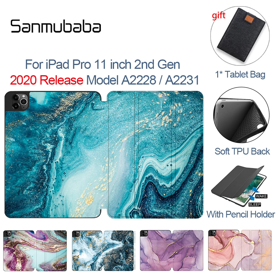 

Sanmubaba 2020 Marble Case For iPad Pro 11 inch A2228 A2231 Soft TPU+PU Leather Flip Stand Cover Tablet Case With Pencil Holder