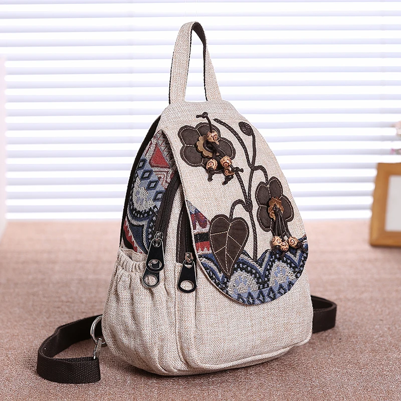 Mochila De lino de estilo chino para mujer, bolso de hombro de arte Vintage con estampado Floral informal, mochila de lona Retro para mujer