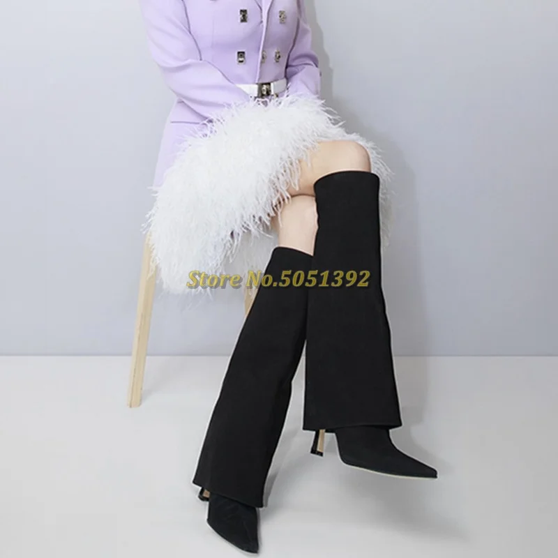 Suede Turn Over Boots 2025 Newest Knee High Winter Women Boots Pointed Toe Slip On Fashion Runway Ladies Boots