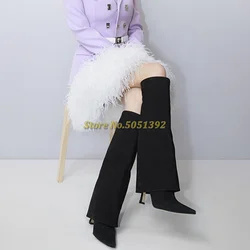 Suede Turn Over Boots 2025 Newest Knee High Winter Women Boots Pointed Toe Slip On Fashion Runway Ladies Boots
