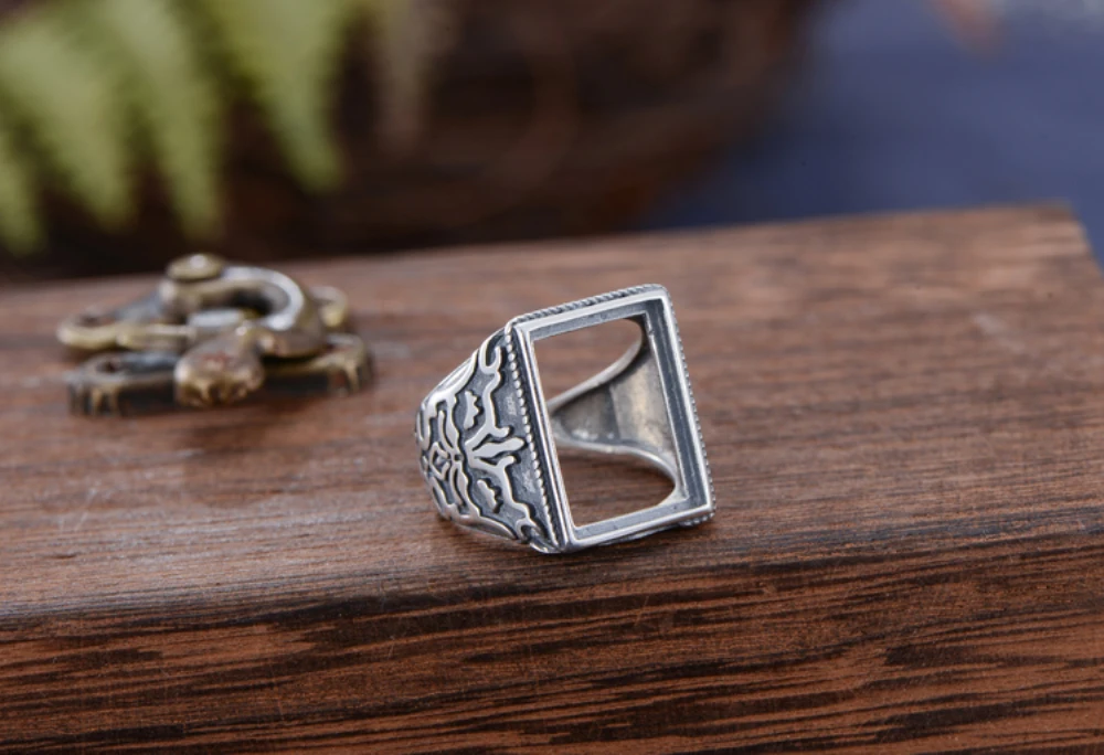 Men's Ring Blank (12x17mm Rectangle Blank) Adjustable Thai Sterling Silver Ring Base Vintage Style Cabochon Ring Setting R835B