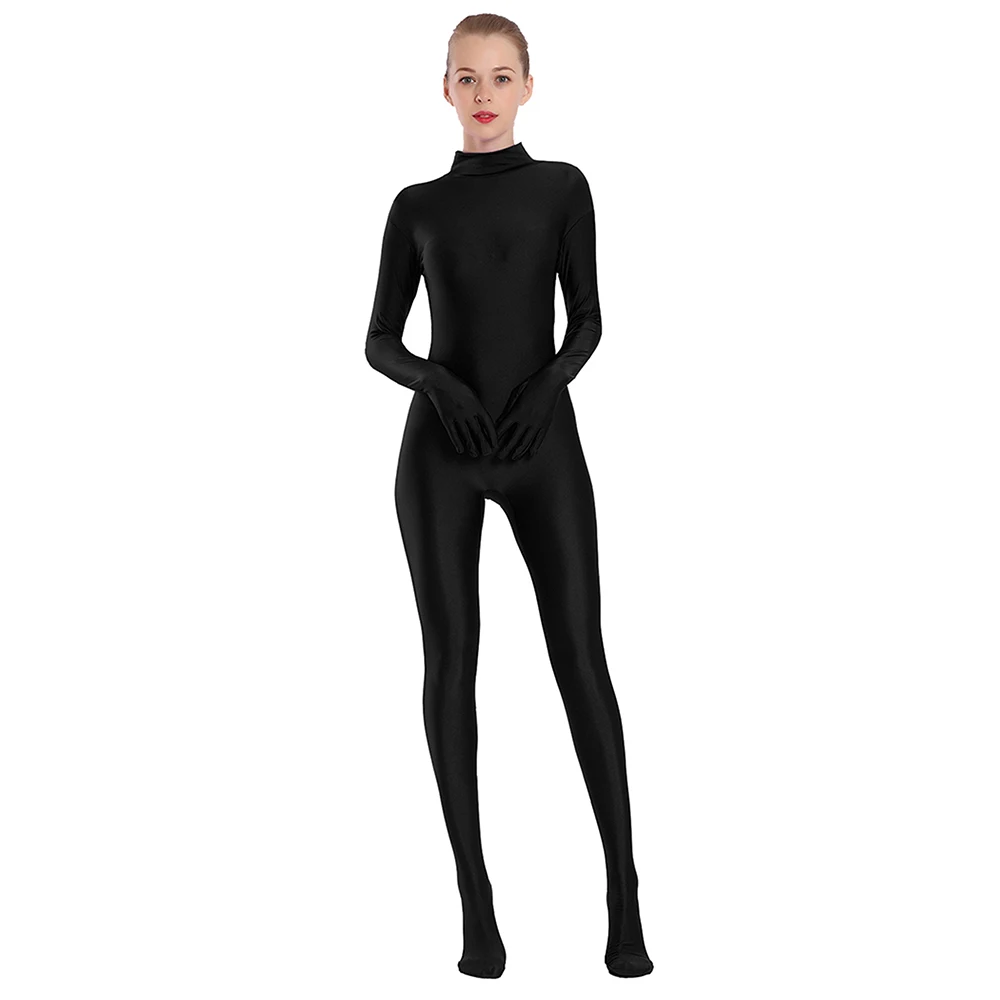 AOYLISEY Adult Black Spandex Full Body Zentai Footed Jumpsuit Unisex Bodysuit Women Handed Unitard Skin Tight Halloween Costume