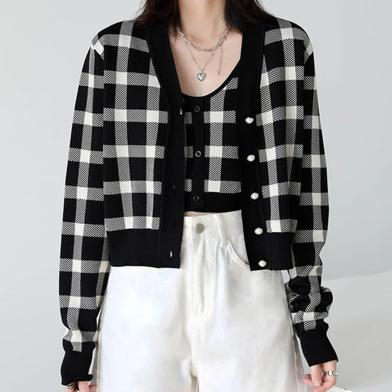 Cardigan Women Vintage Fashion Korean Version Newest Spring Ladies Clothing Plaid Cropped Elegant Daily Teens Classic Students