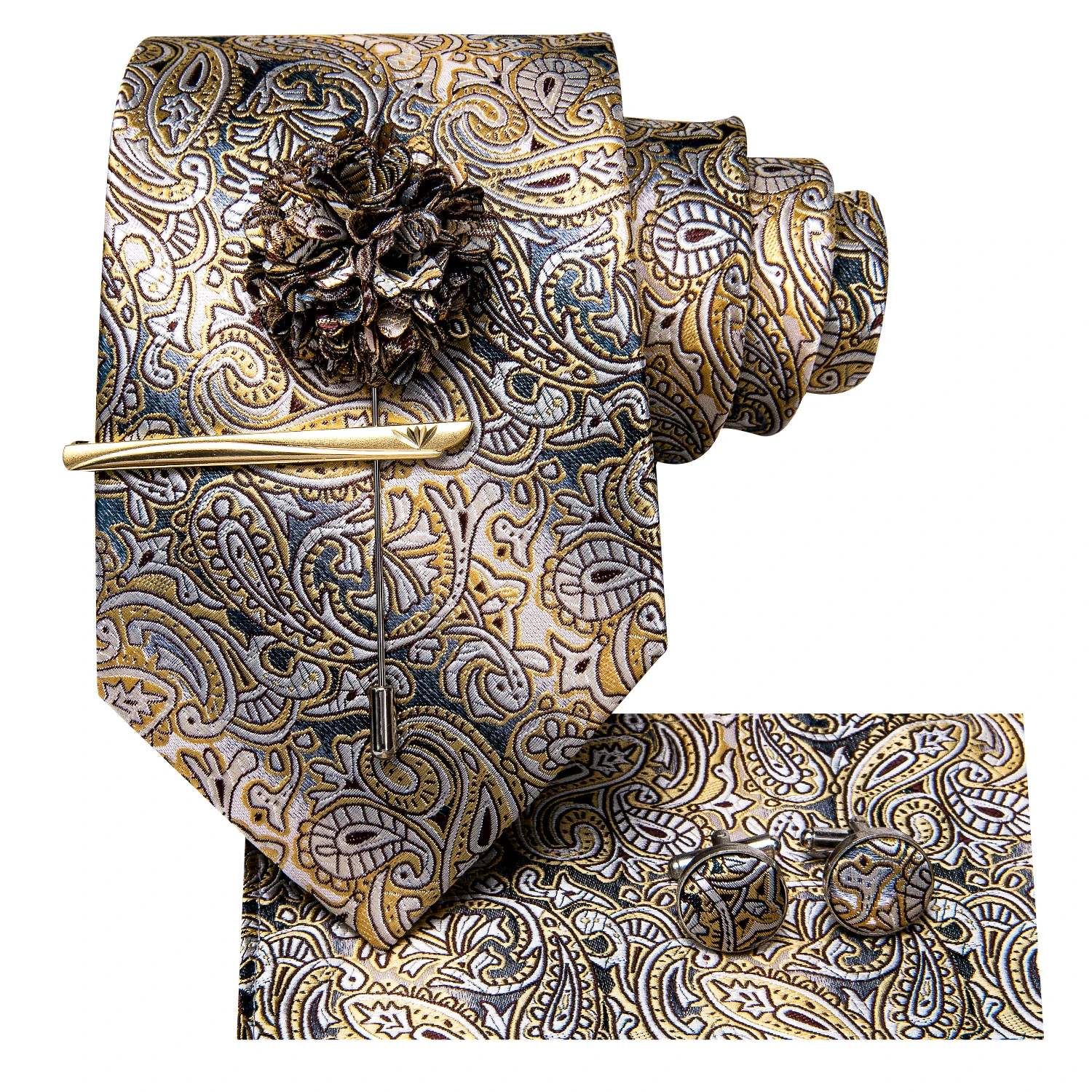 Hi-Tie Yellow Brown Paisley Tie For Men Silk Men\'s Tie Clip Gift For Men Luxury Necktie Hanky Cufflinks Set Formal Wedding