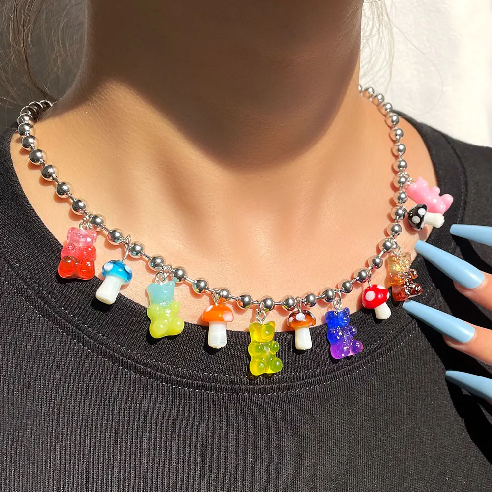 Candy Color Gummy Bear Stainless Steel Choker Necklace For Women Men Hip Hop Ball Bead Chain Cute Mushroom Couple Jewelry 2022