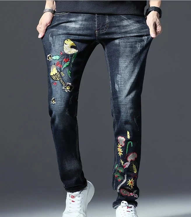 Azul dos homens denim rasgado hip hop magro perna pássaro floral bordado jeans moda estiramento denim calças