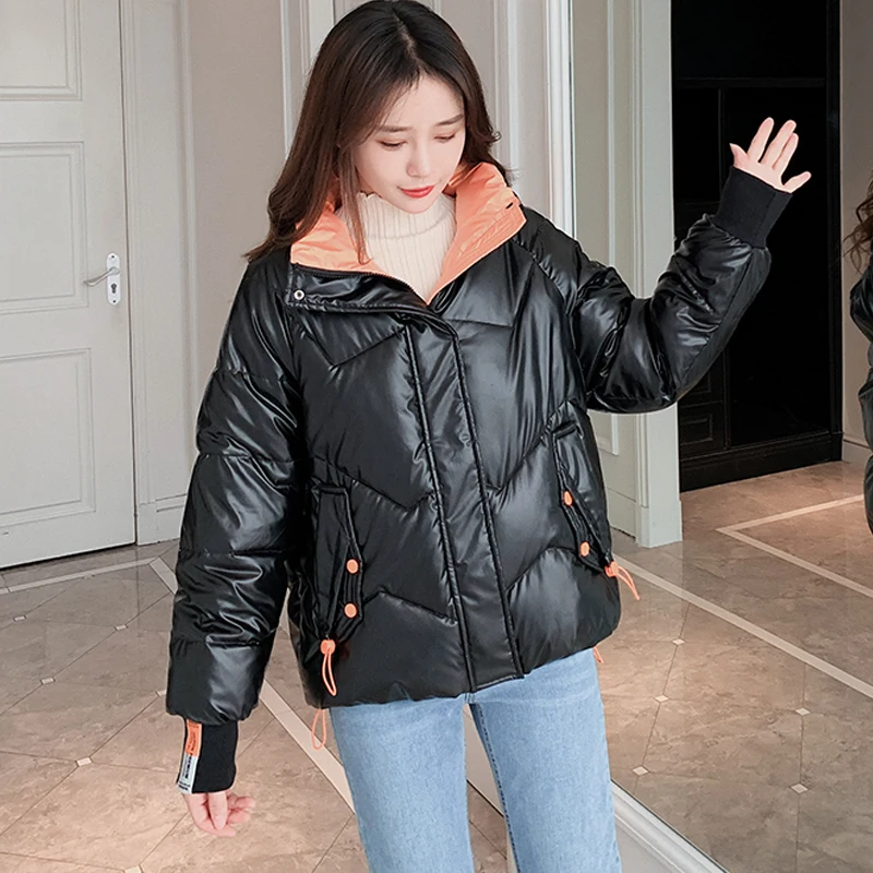 

Winter Long Sleeve Warm Puffer Jacket Solid Plus Size Quilted Ladies Coat Female Stand Collar Short Cotton Padded Bubble Parkas