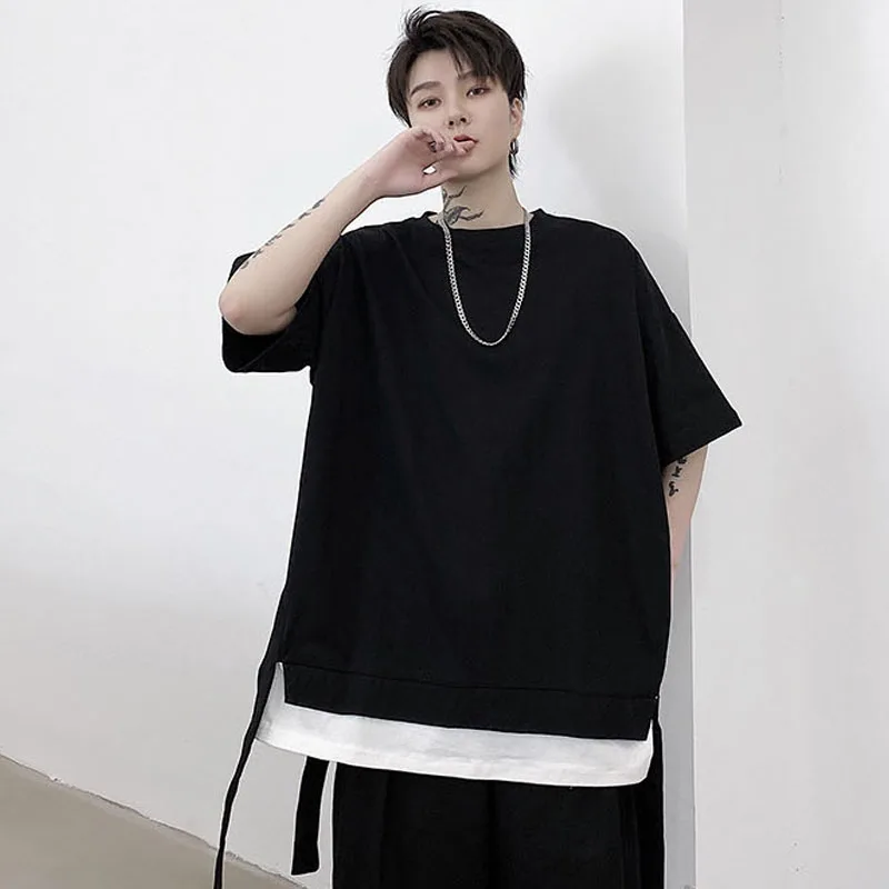 Мужская рубашка Homens preto branco fita de emenda manga curta solta camiseta masculina feminino уличная одежда хип-хоп Повседневная рубашка