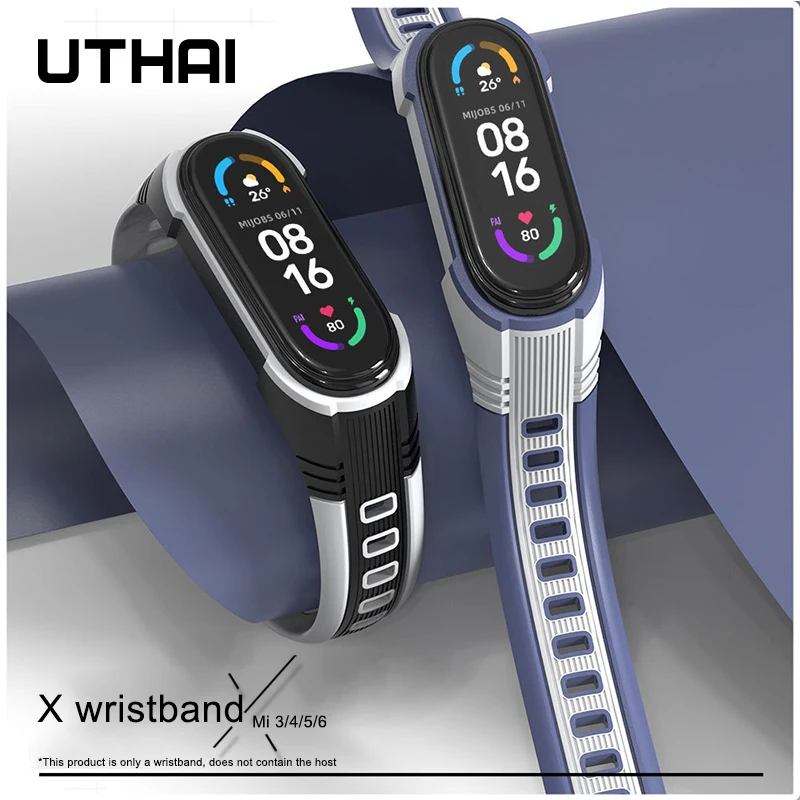 UTHAI Two-color silicone bracelet for mi band 7 strap for mi band 6 5 4 3 Flat Hole Breathable Universal Wristbands S30