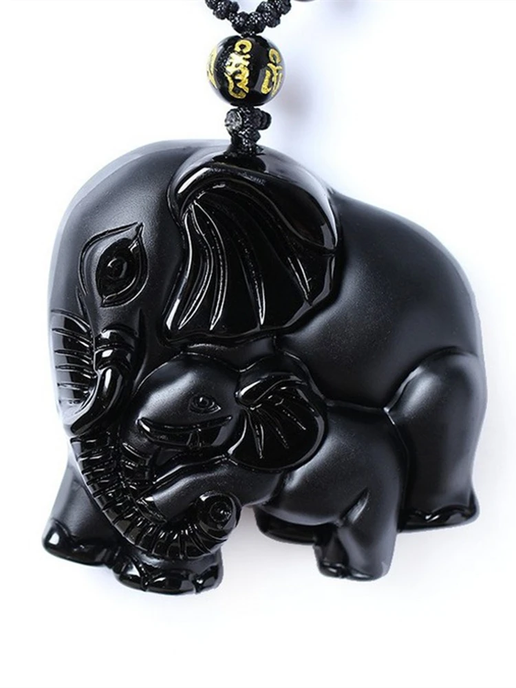 

Natural Black Obsidian Elephant Pendant Beads Necklace Fashion Charm Jewellery Hand-Carved Ruyi Amulet Gifts for Her Women Men