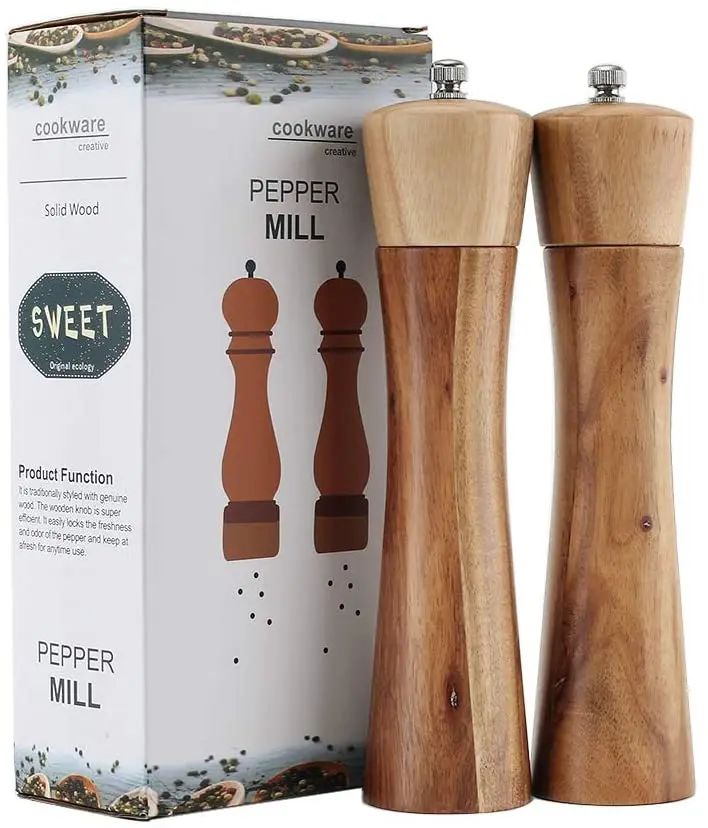 Wooden Salt and Pepper Grinder, Adjustable Manual Salt Grinder, Acacia Wood, 8 inch,  Suitable for Picnic, Parties, Restaurant