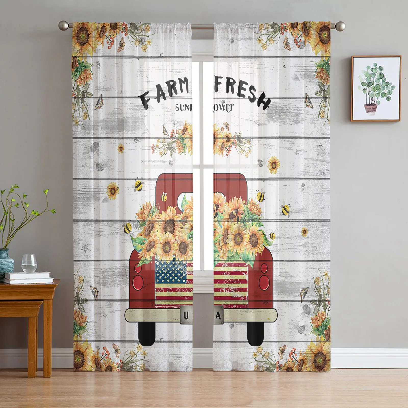 Farm Fresh Vintage Truck Sunflower Farm Plank Sheer Curtains for Living Room Modern Bedroom Voile Tulle Curtain Window Drapes