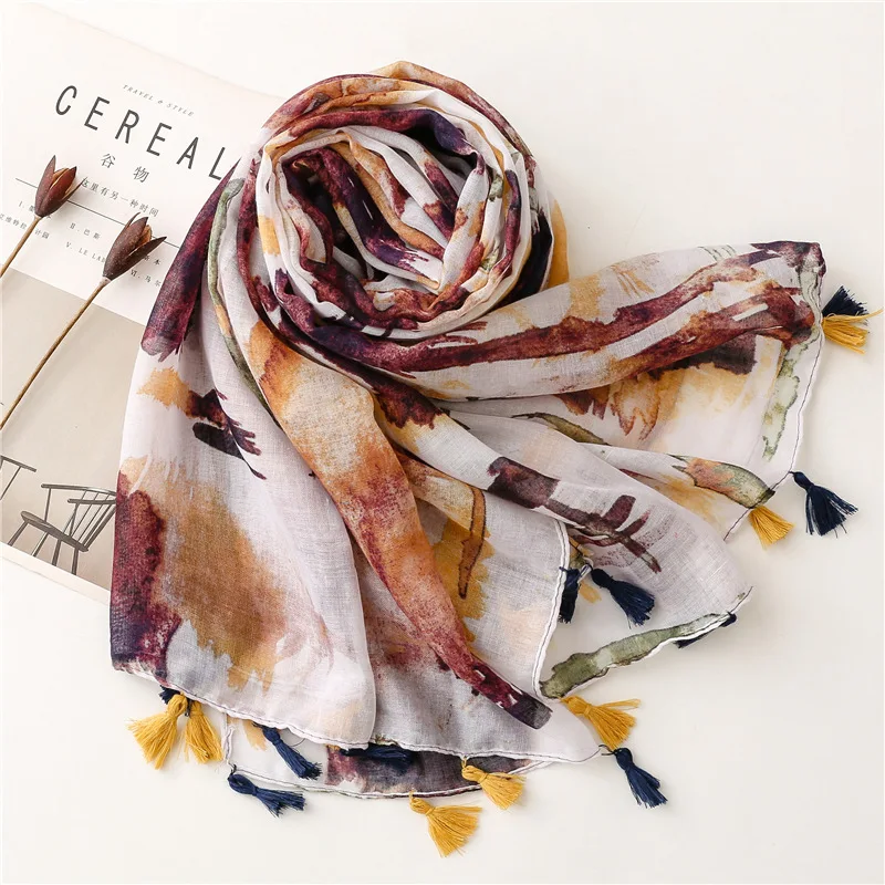 2021 Fashion Abstract Color Print Tassel Scarf Head Hijab Shawls Wrap Long Scarves Free Shipping