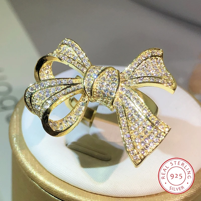 925 Sterling Silver Exquisite Birthday Bow Fashion Jewelry Yellow Gold Bow Ring and White Zircon Ring Ladies Party Jewelry