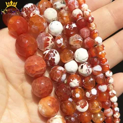 Natural Faceted Fire Agates Stone Beads 4 6 8 10 12mm Loose Spacer Beads For Jewelry DIY Making Bracelet Charms Accessories 15''