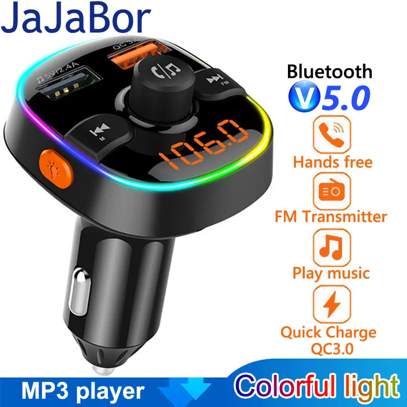 

JaJaBor Bluetooth 5.0 Car Kit Handsfree Stereo Audio Car MP3 Music Player QC3.0 Quick Charge USB Car Charger FM Transmitter