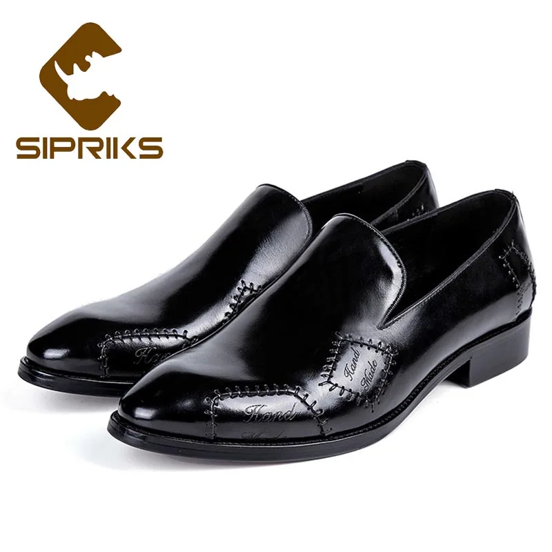 Sipriks Black Blue Khaki Shoes Mens Genuine Leather Slip-On Loafers Male Business Casual Gents Suit Formal Tuxedo Shoes Big Size