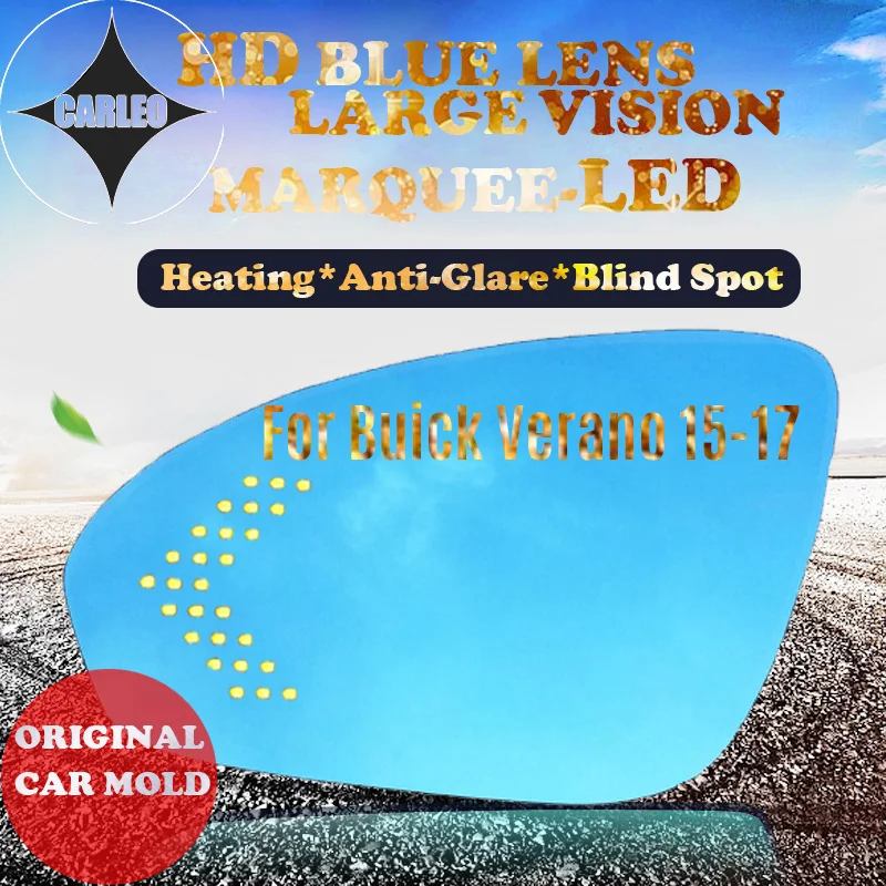 1 Pair Car Side View Mirror Lens for Buick Verano 2015-2017 Blue Glass HD Large view With Heating Blind Spot Warning Marquee LED