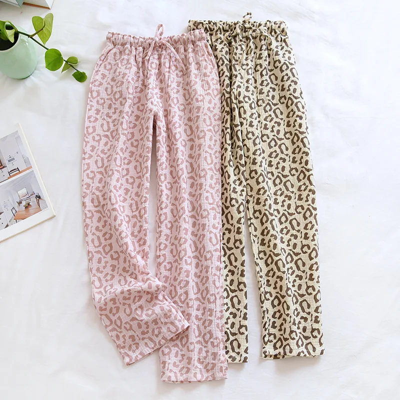 

2024 spring and summer new ladies pants 100% cotton crepe leopard print pajamas sweat-absorbent breathable home pants trousers