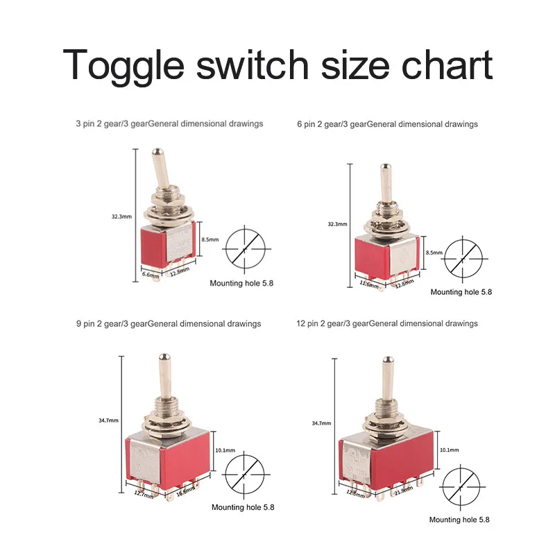 5PCS Miniature Toggle Switch   MTS-102/103/202/203/302/304/402/403 ON-ON  ON-OFF-ON 5A125V 2A250V 3/6/9/12 Pin Mounting 6mm