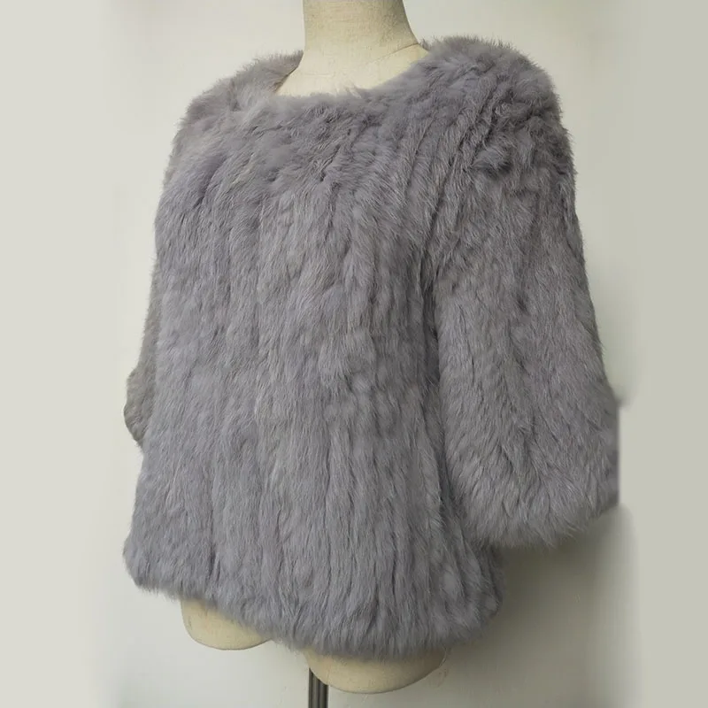 Jersey de piel de conejo Natural para mujer, abrigo de media manga, Chaqueta de punto de piel auténtica cálida para invierno