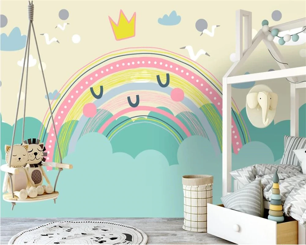 

beibehang Customize new Nordic hand-painted rainbow small animal children's room background wallpaper wall papers home decor