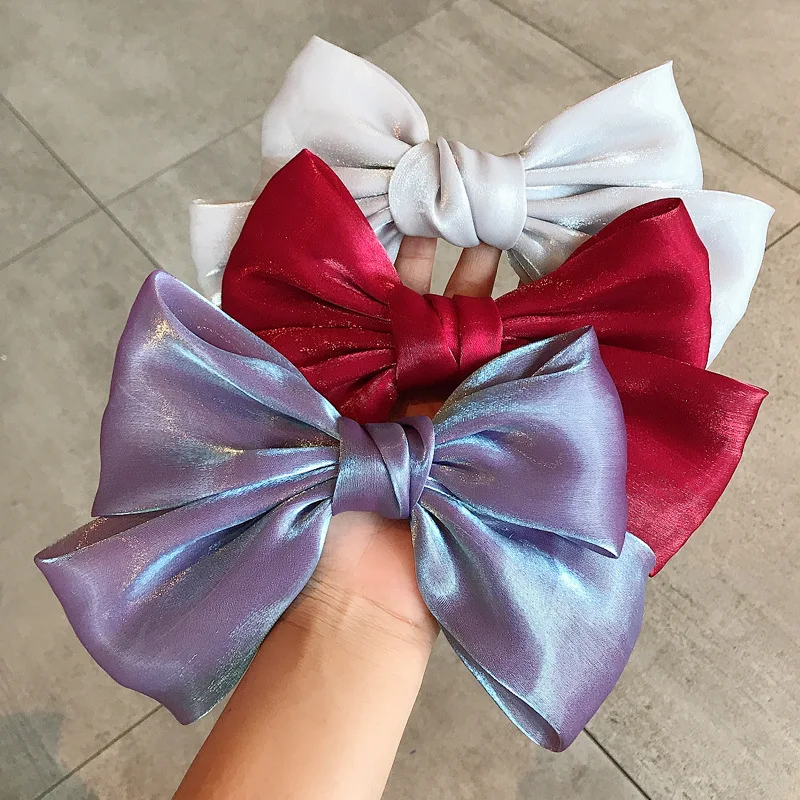 Fashion Purple Big Bow Hair Clips For Women Girls 2020 French Bright Satin Hairpin Simple Solid Color Top Clip Hair Accessories