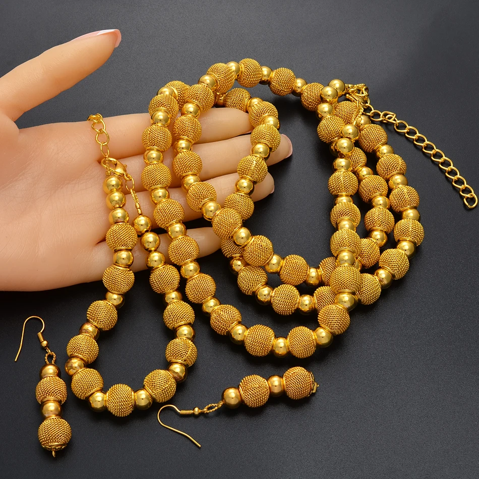 Anniyo 82cm Beads Necklace & 24cm Bracelets and Ball Earring for Women Fashion Gold Color Ball Jewelry Party sets #221806