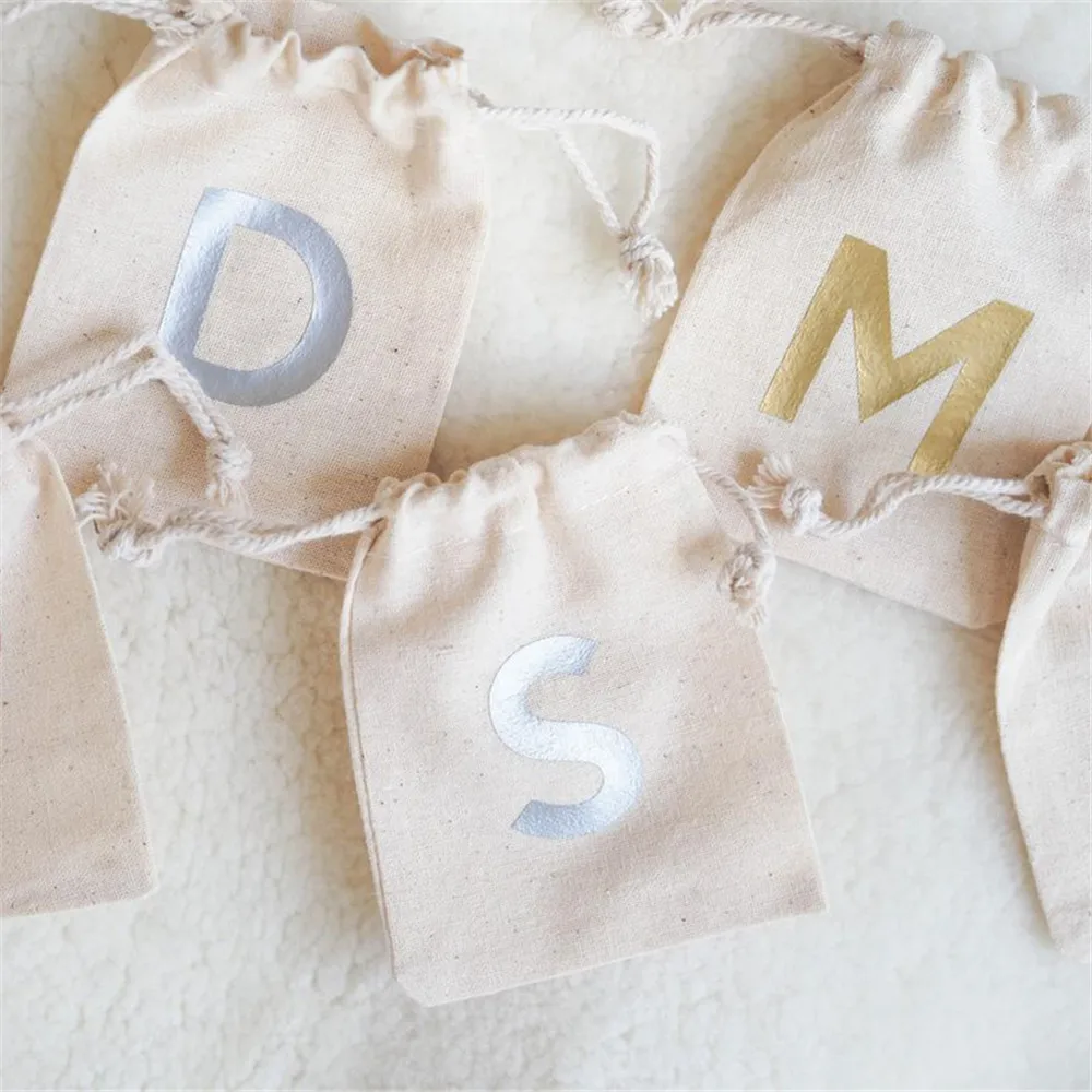 Personalised Favour Bags with Initial Letter Cotton Drawstring Pouch Custom Named Gift Bag Weddings Baby Showers Favor Bags